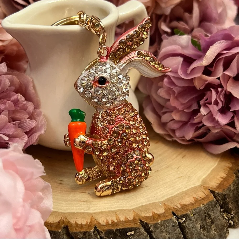 Champagne and Silver Crystal Bunny Rabbit with Carrot Keychain Charm - Picture 2 of 16